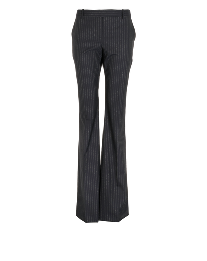 Alexander McQueen Metallic Pinstripe Flared Trousers, &pound;195, Clothing, Black, Wool, Front view