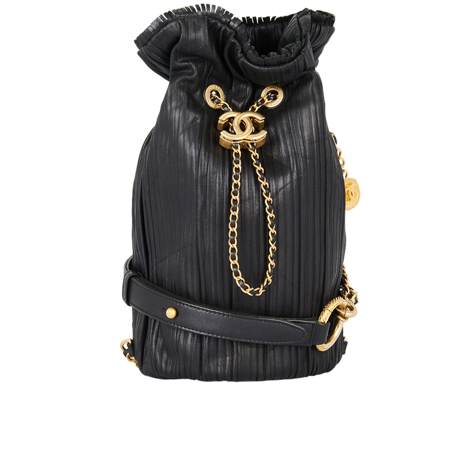 CHANEL Iridescent Crumpled Calfskin Coco Pleats Small Drawstring Bag Black  370893