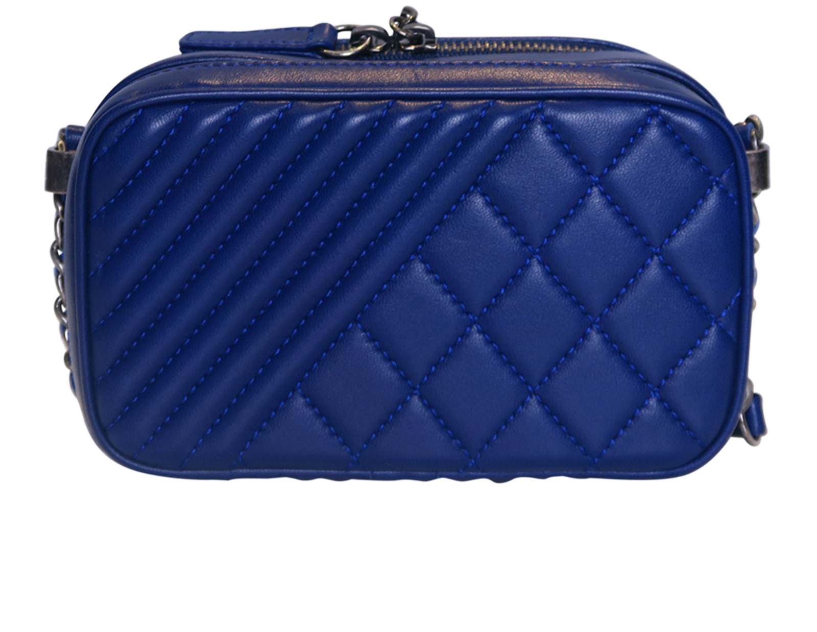 Pre-owned Chanel Coco Boy Camera Bag Quilted Chevron Small Blue