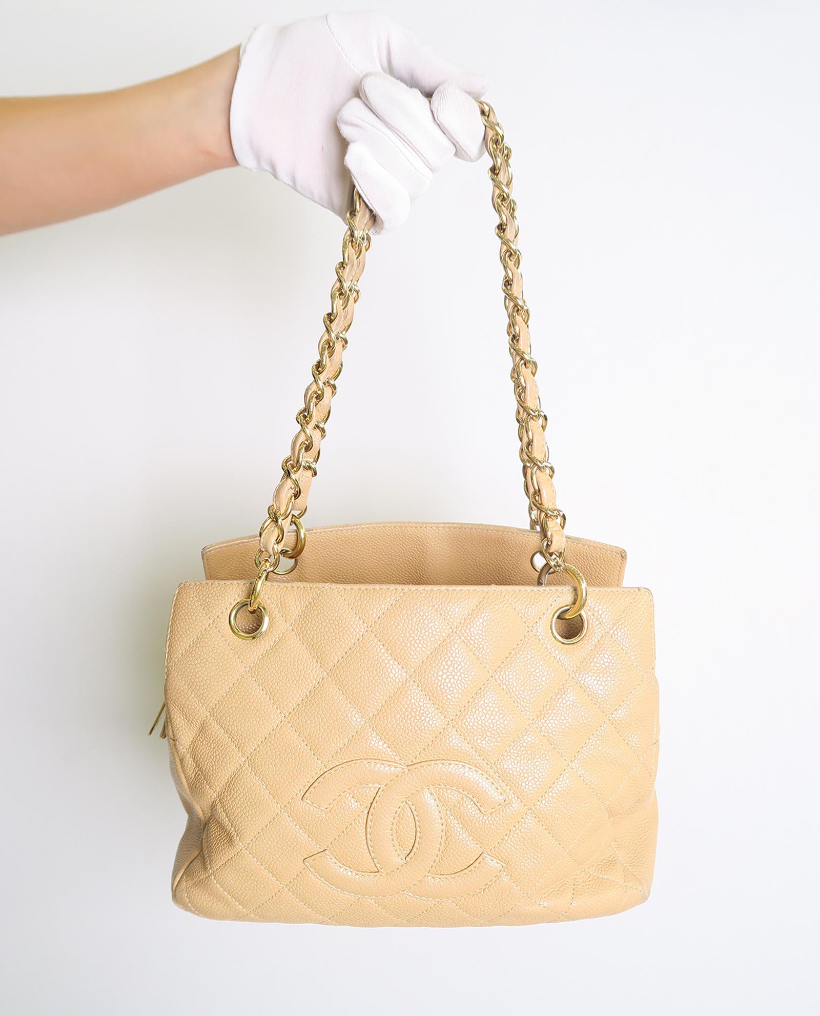 Chanel Petit Shopping Handbag in Cream Color Quilted Leather