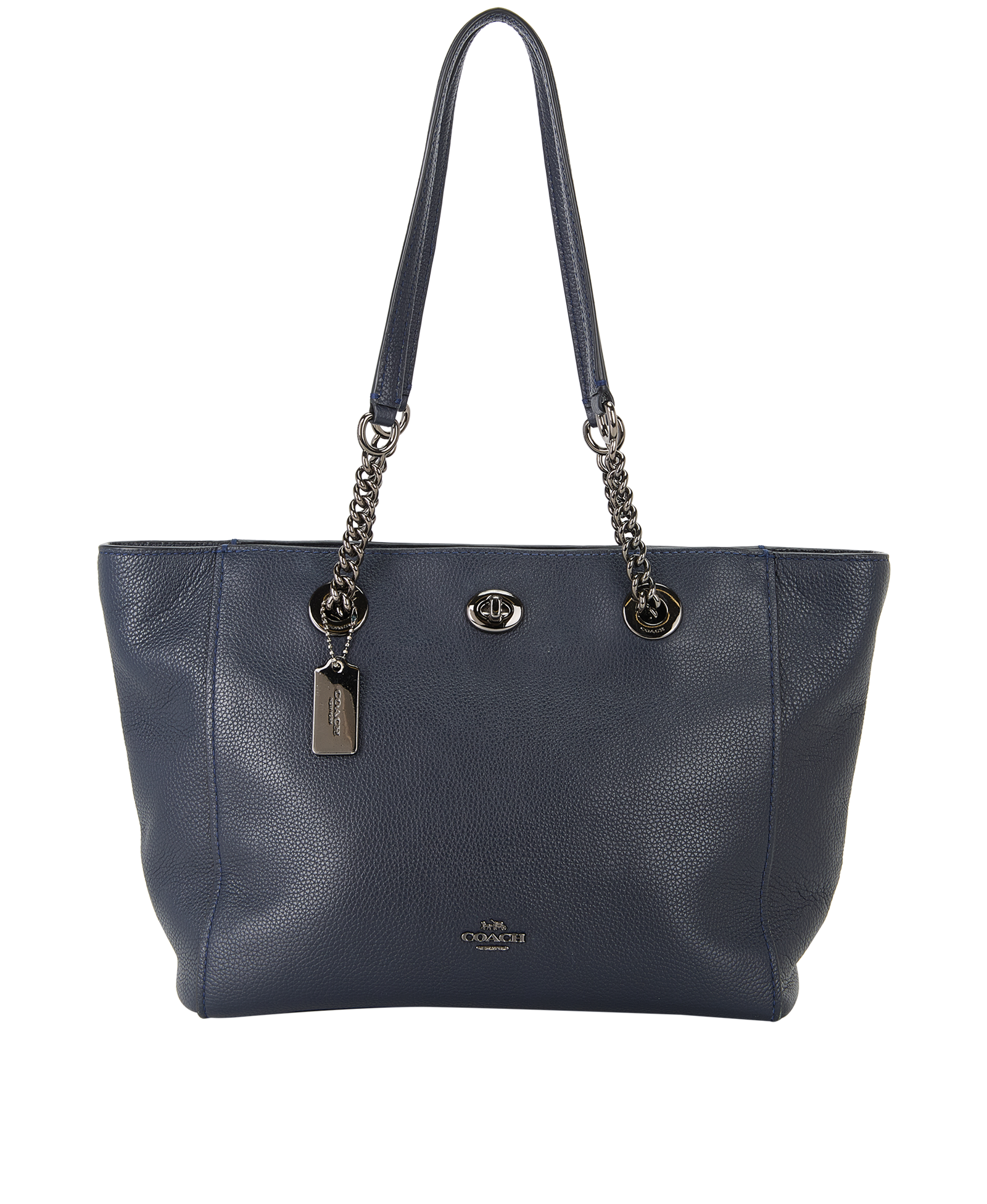 Leather Tote Coach Tote Bag Navy Blue Turnlock Chain Tote, Coach
