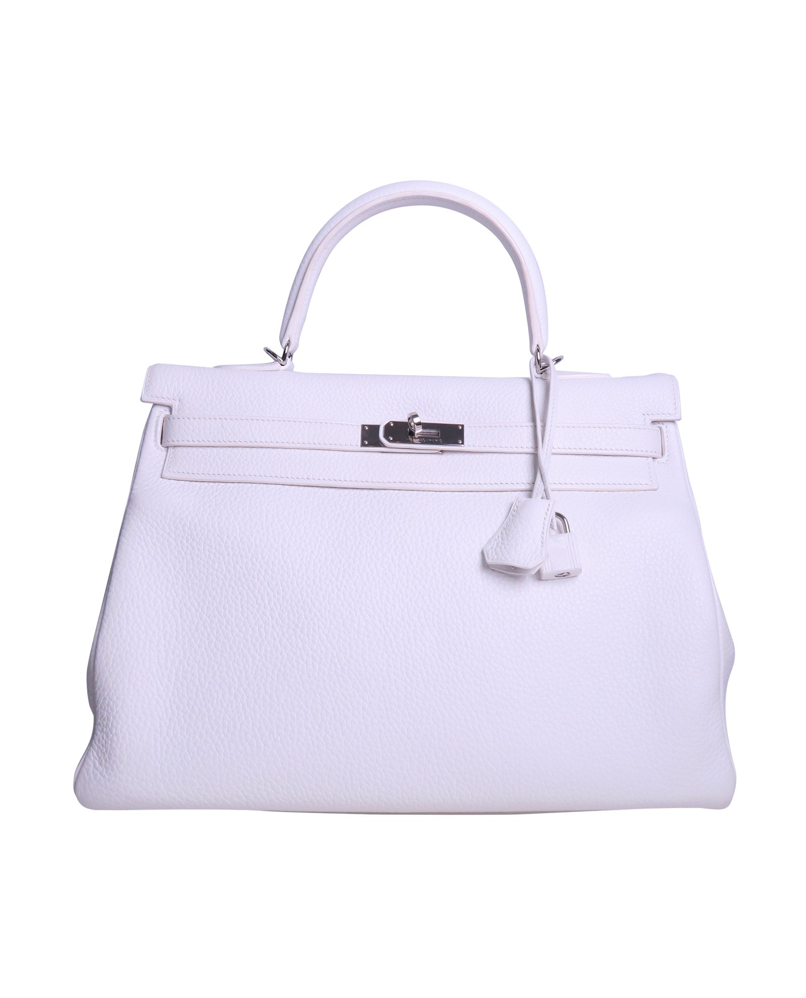 Kelly 35 Retourne Veau Taurillon Clemence in White, Hermès