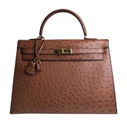 Hermes Kelly Bag Ostrich Leather Gold Hardware In Brown