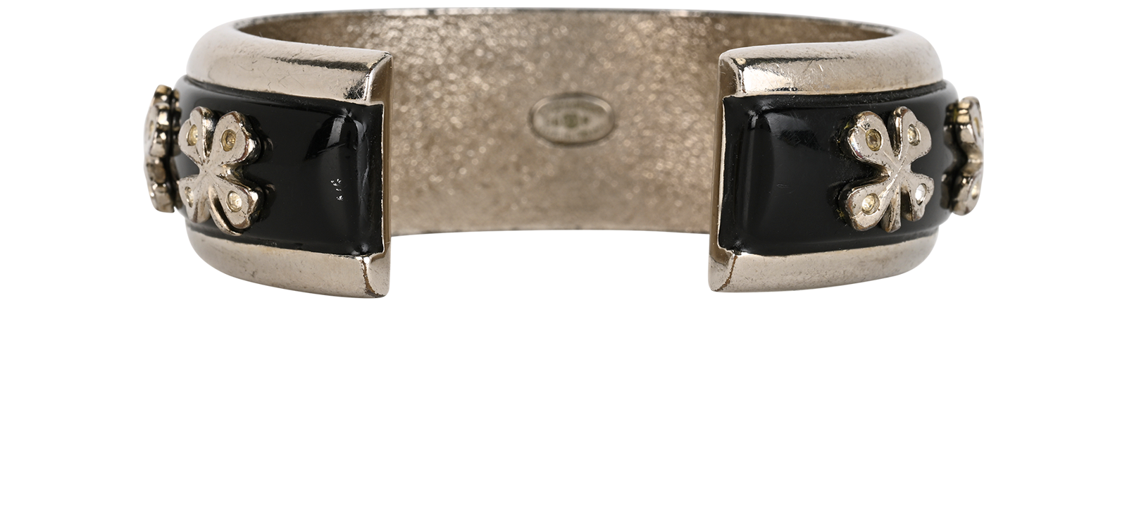 Chanel 98P Clover Cuff Bangle, &pound;290, Jewellery, Black/Silver, Brass/Enamel Coated Ceramic, Back view