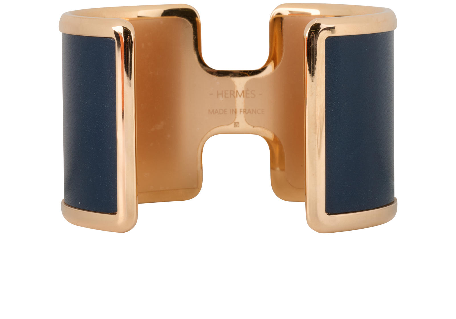 Hermes Olympe Cuff Bracelet, &pound;410, Jewellery, Navy/Rose Gold, Brass/Leather, Back view