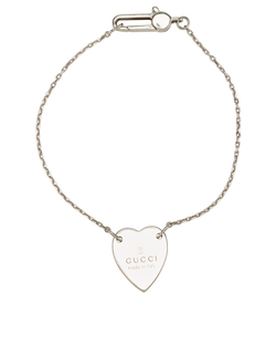 Gucci Heart Pendant Trademark Bracelet, Sterling Silver, Sz 17, B/DB, 2*