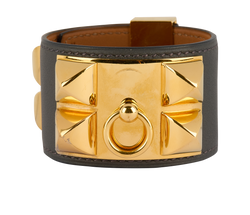 Hermes Collier De Chien Bracelet, Leather, Grey/Gold, Sz S, DB, 2*