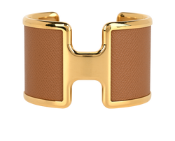 Hermes Olympe Cuff Bracelet, Brass/Leather, Gold/Brown, 2*