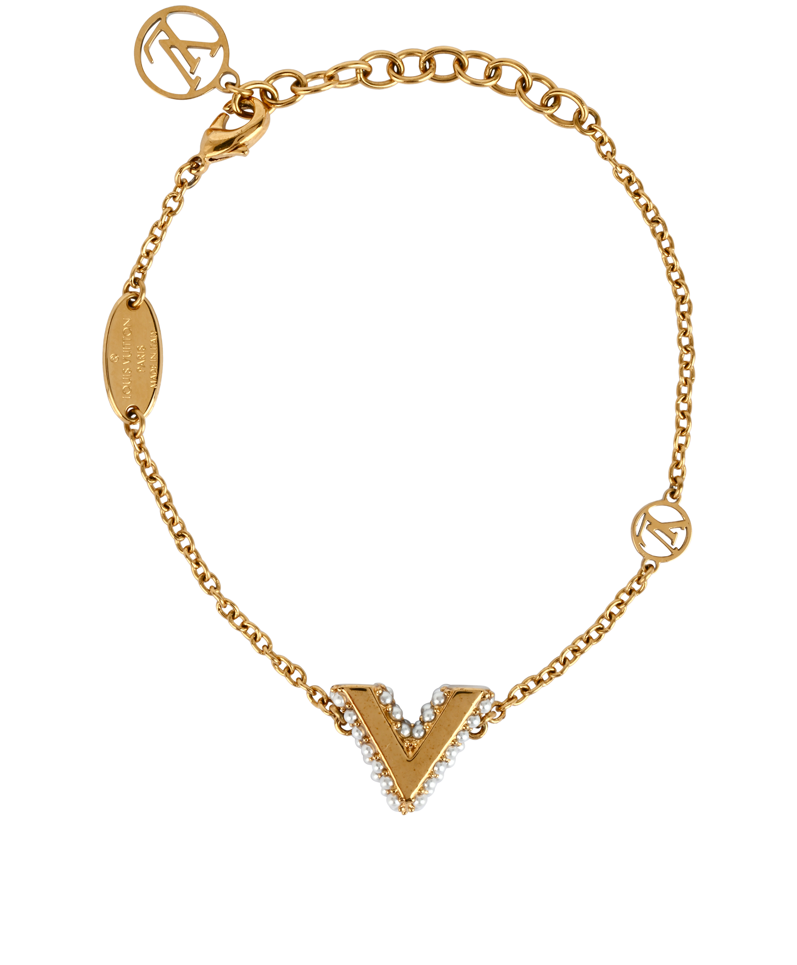 Louis Vuitton Essential V Bracelet, &pound;250, Jewellery, Gold, Brass/Faux Pearl, Back view