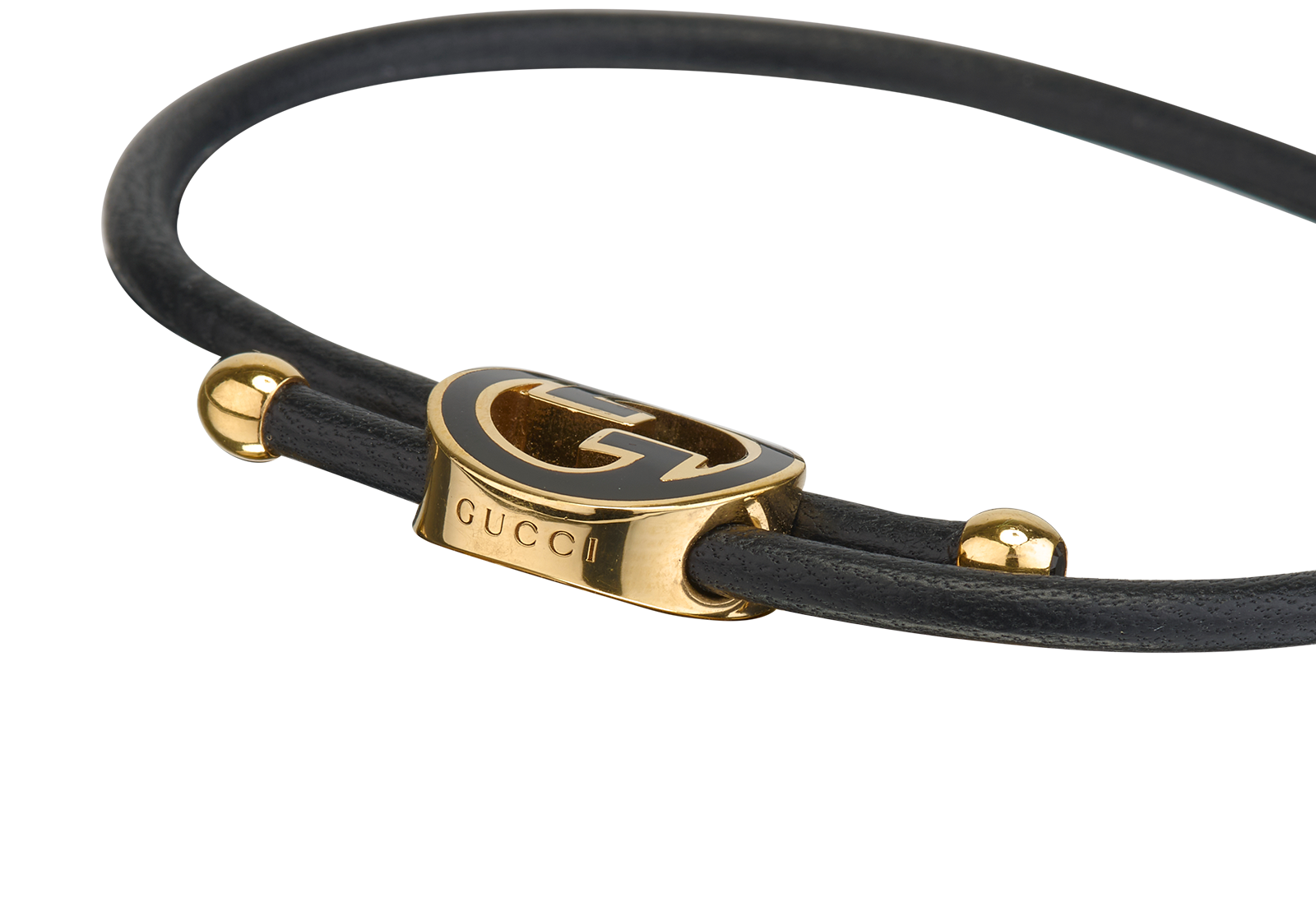 Gucci Round Interlocking G, &pound;140, Jewellery, Black/Gold, Brass/Leather, Other view