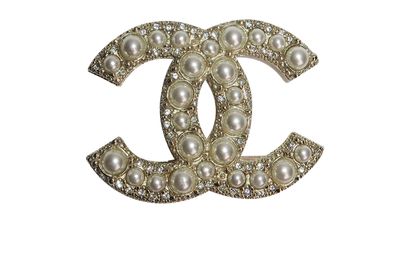 Chanel CC Crystal and Pearl Brooch, front view