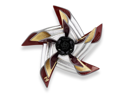 Chanel G26C Pinwheel Camellia Brooch, &pound;350, Jewellery, Metallic/Red, Leather, Front view