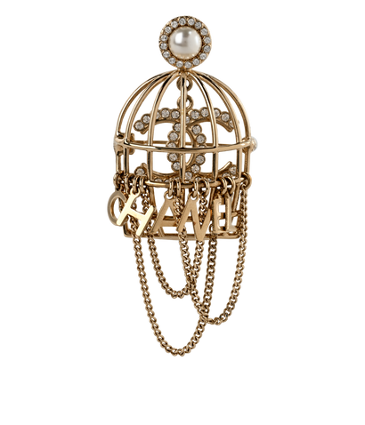 Chanel B23V Embellished CC Birdcage Brooch, &pound;795, Jewellery, Gold, Brass, Front view