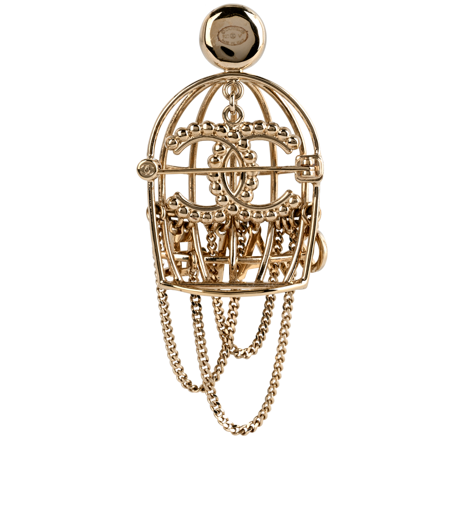 Chanel B23V Embellished CC Birdcage Brooch, &pound;795, Jewellery, Gold, Brass, Back view