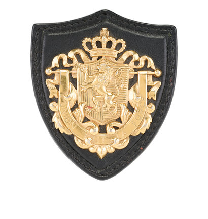 Miu Miu Badge Brooch, &pound;150, Jewellery, Black/Gold, Leather, Front view