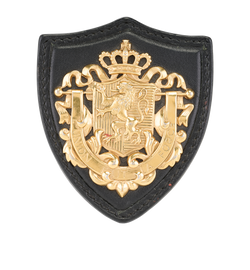Miu Miu Badge Brooch, Leather/Brass, Black/Gold, MII, 2*