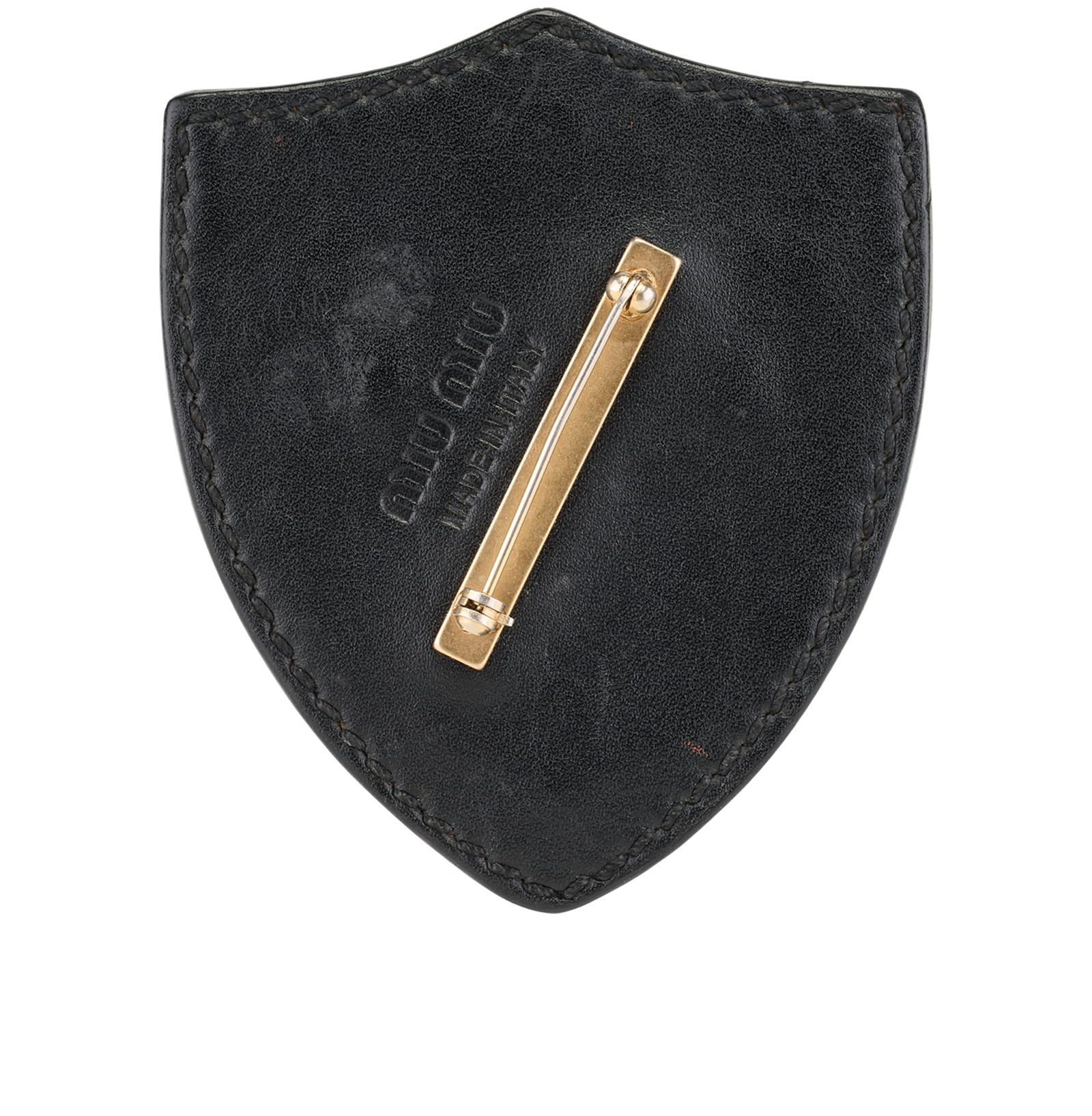 Miu Miu Badge Brooch, &pound;150, Jewellery, Black/Gold, Leather, Back view