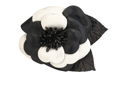 Chanel 16K Camellia Brooch, &pound;275, Jewellery, Black/White, Leather, Front view