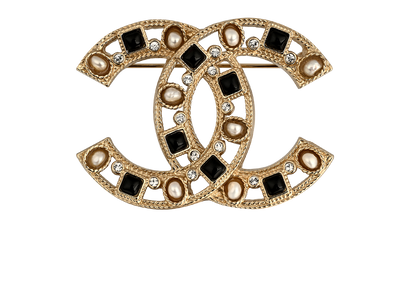 Chanel A19 CC  Pearl Brooch, &pound;480, Jewellery, Black/Gold, Resin, Front view
