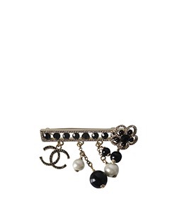 Chanel Drop Bead and CC Brooch,Metal,Black/Gold,Pouch,D19XV