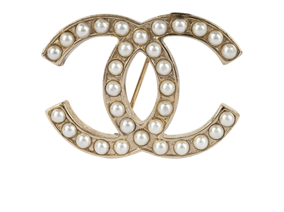 Chanel D10V CC Pearl Brooch, £450, Jewellery, Gold, Brass, Front view
