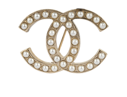 Chanel D10V CC Pearl Brooch, Brass, Gold, B, 3*