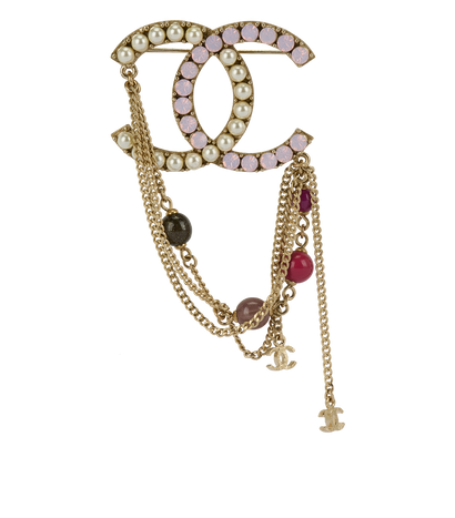 Chanel CC Pearl Brooch With Chains, front view