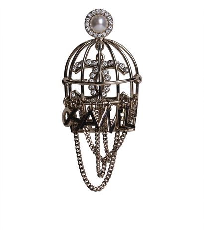 Chanel Pearl Crystal Birdcage A/W 2020 Brooch, £850, Accessories, Gold, Brass, Front view