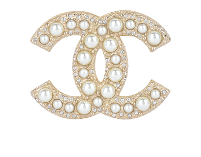 Chanel F25 CC Brooch, &pound;520, Jewellery, Gold/White, Brass/Faux Pearl, Front view