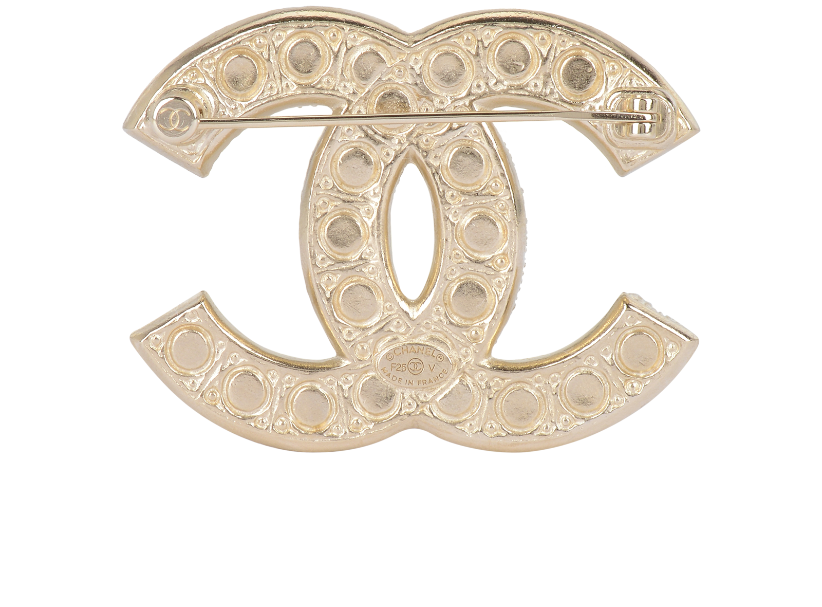 Chanel F25 CC Brooch, &pound;520, Jewellery, Gold/White, Brass/Faux Pearl, Back view