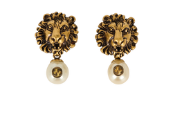Gucci Lion Head Cufflinks, Base Metal/Faux Pearls, Gold Tone, B/DB, 3*
