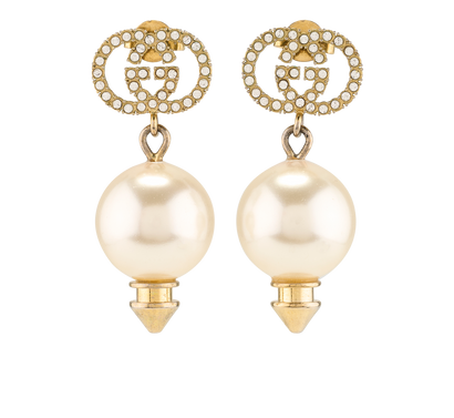 Gucci Crystal And Pearl Earrings, &pound;220, Jewellery, Gold, Brass, Front view
