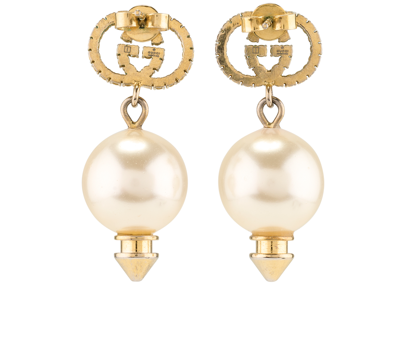 Gucci Crystal And Pearl Earrings, &pound;220, Jewellery, Gold, Brass, Back view