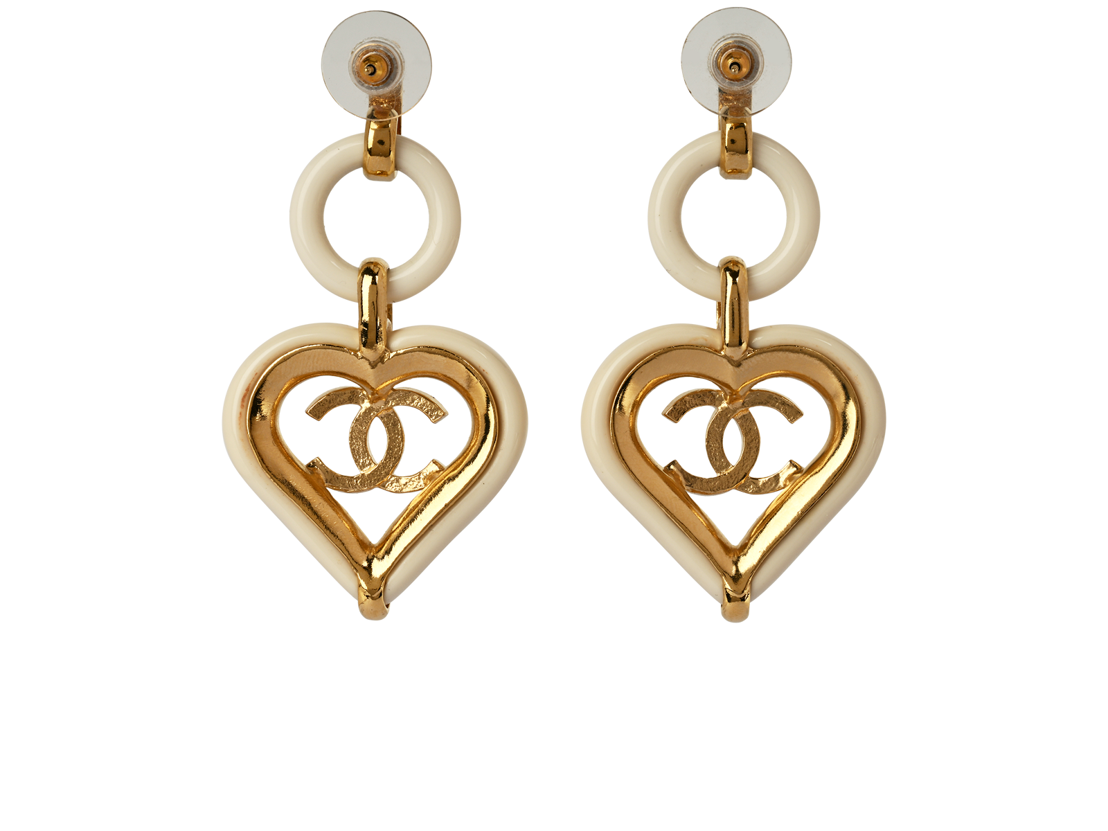 Chanel 22 Heart Earrings, &pound;620, Jewellery, Gold/White, Acetate/Brass, Back view