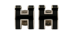 Hermes H Earrings, Brass/Enamel, Silver/Black, B, 3*