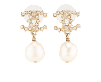 Chanel CC Pearl Drop Earrings, &pound;590, Jewellery, Gold, Brass, Front view