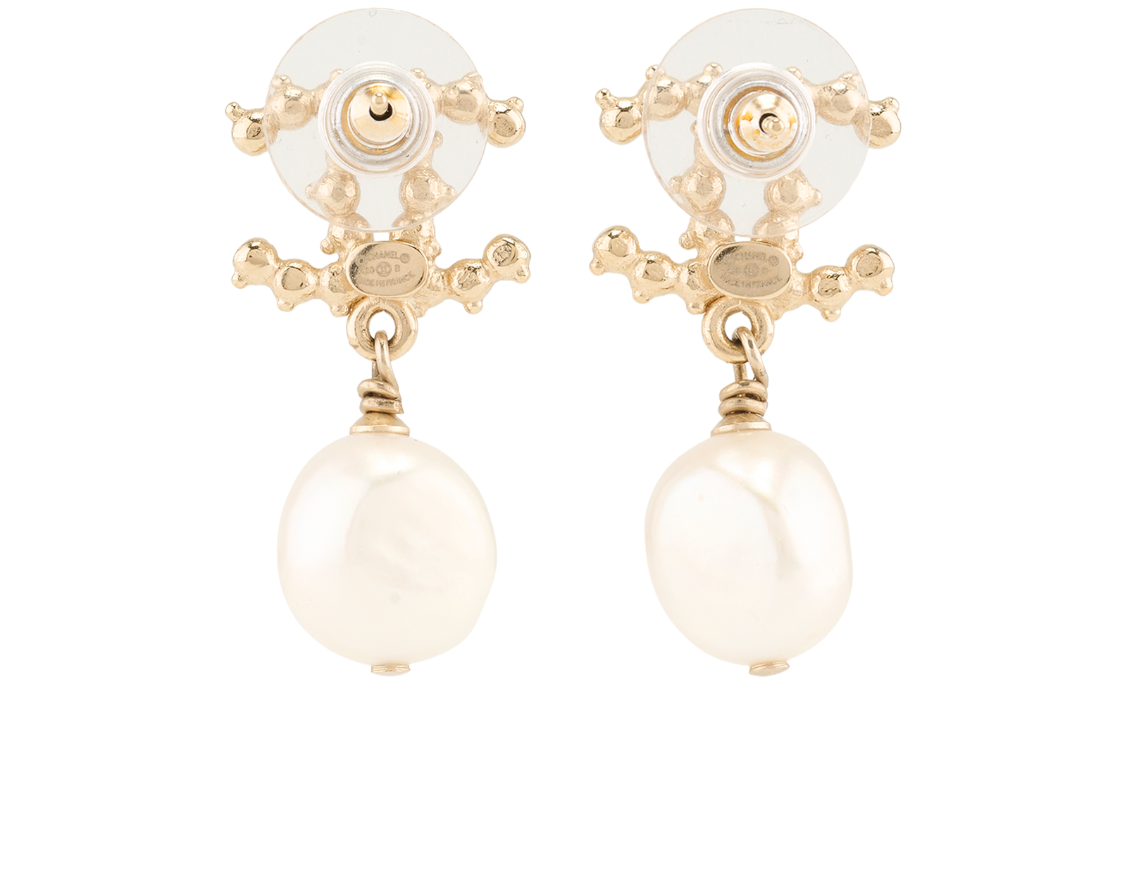 Chanel CC Pearl Drop Earrings, &pound;590, Jewellery, Gold, Brass, Back view