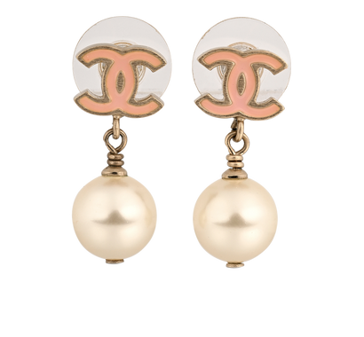 Chanel B11C CC Drop Earrings, &pound;320, Jewellery, Gold/Pearl, Brass, Front view