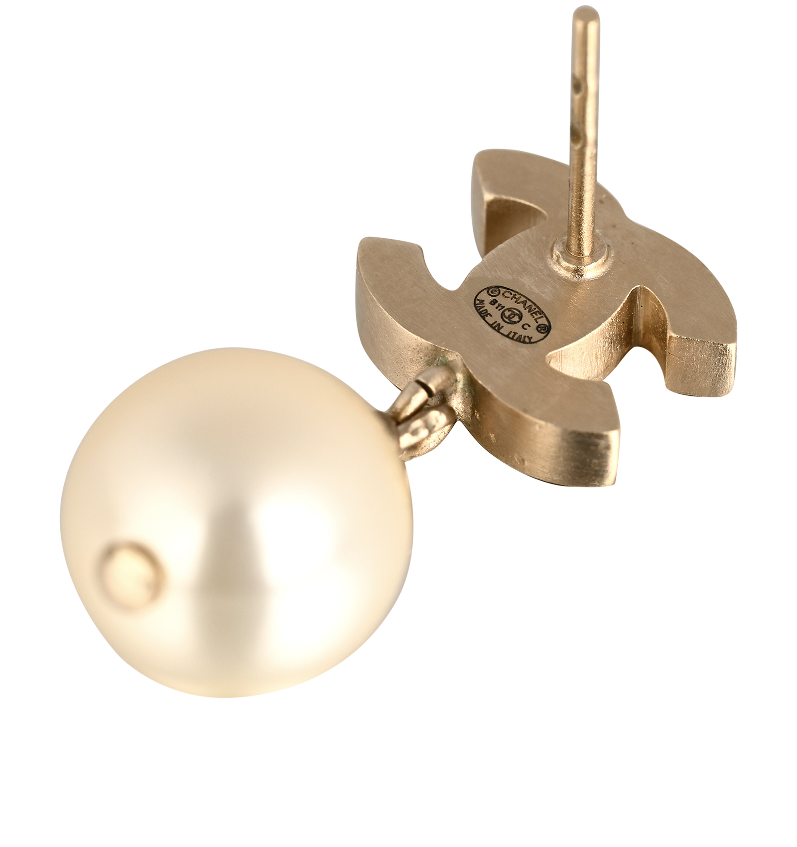 Chanel B11C CC Drop Earrings, &pound;320, Jewellery, Gold/Pearl, Brass, Other view