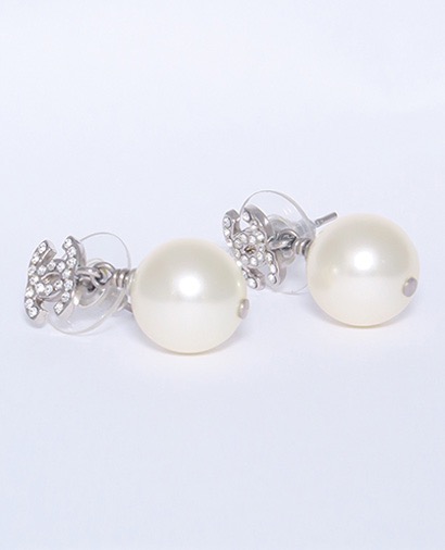 Chanel Crystal CC Pearl Dangle Earrings, front view