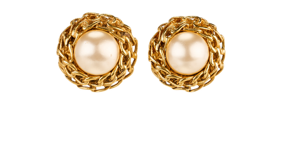 Chanel 94A Round Clip-On Earrings, &pound;395, Jewellery, Gold/White, Brass/Faux Pearl, Front view
