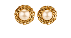 Chanel 94A Round Clip-On Earrings, Brass/Faux Pearls, Gold/White, B, 2*