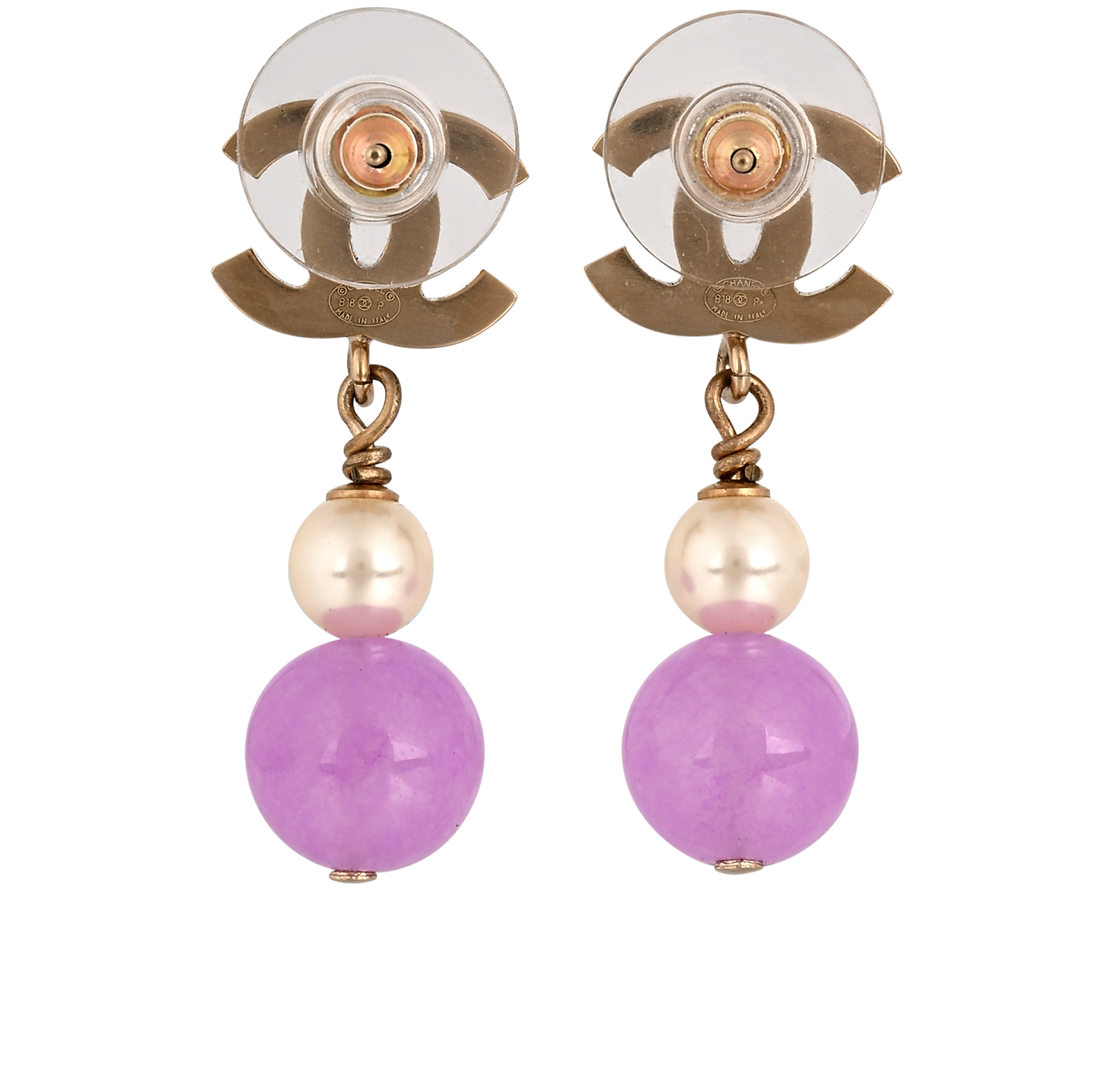 Chanel CC 2018 Bead Drop Earrings, &pound;275, Jewellery, Purple/Silver, Resin, Back view
