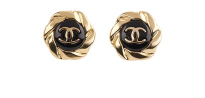 Chanel CC Autumn 2022 Camellia Earrings, &pound;350, Jewellery, Black/Gold, Yellow Gold Plated, Front view