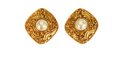 Chanel 1980 Square Clip On Earrings, Brass/Pearl, Gold, 2*