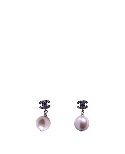 Chanel CC Crystal Pearl Drop Earrings, &pound;220, Accessories, Pearl/Silver, Silver Plated, Front view