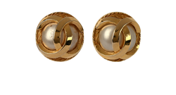 Chanel 1980 Large CC Clip On Earrings, Brass/Pearl, Gold, B, 1*