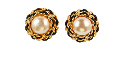 Chanel 1986 Round Clip On Earrings, Brass/Pearl/Leather, Gold/Black, B, 1*