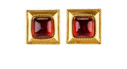 Chanel Vintage 25 Gripoix Square Clip-On Earrings, Brass, Gold/Red, B, 2*