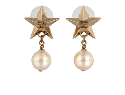 Chanel A17C CC Star Earrings, &pound;420, Jewellery, Gold/Pearl, Brass, Front view